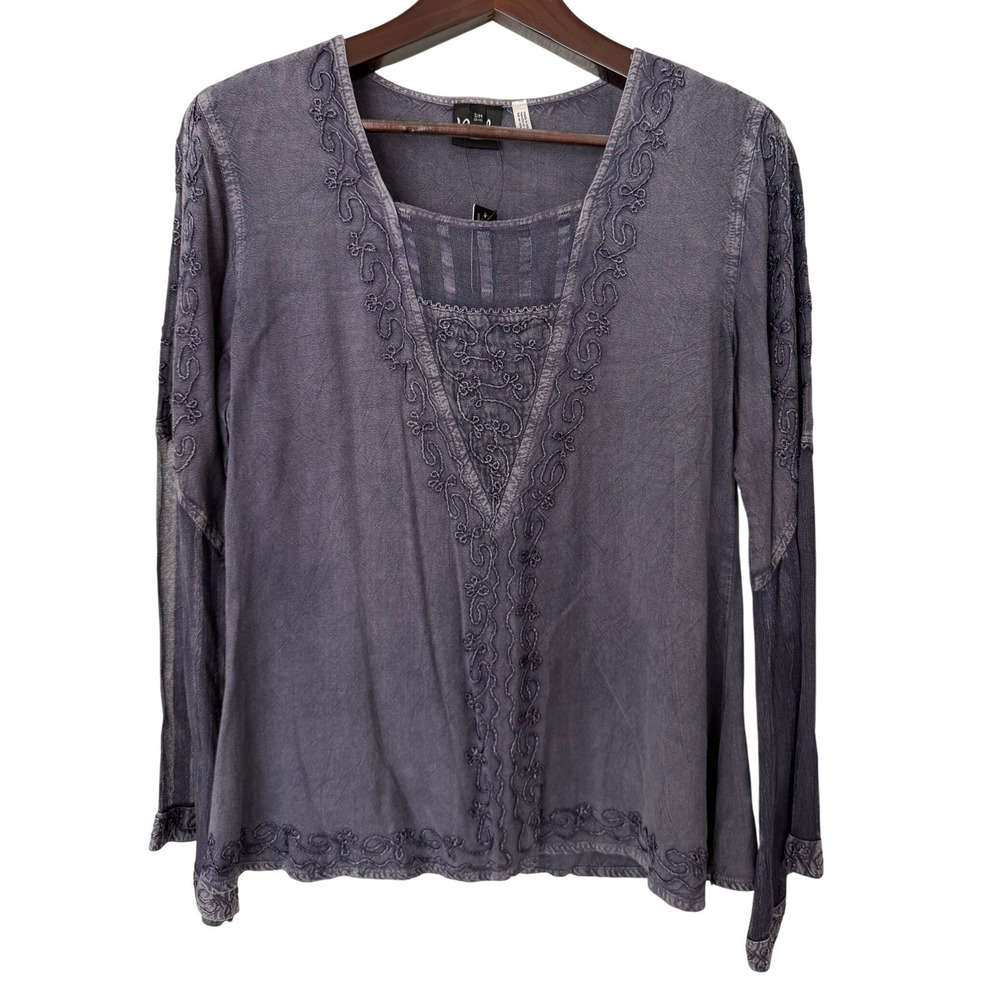 Noelle Blue Gray Embroidered Tunic Top Bell Sleeve Women‎ S/M 8 10 Rayon Boho